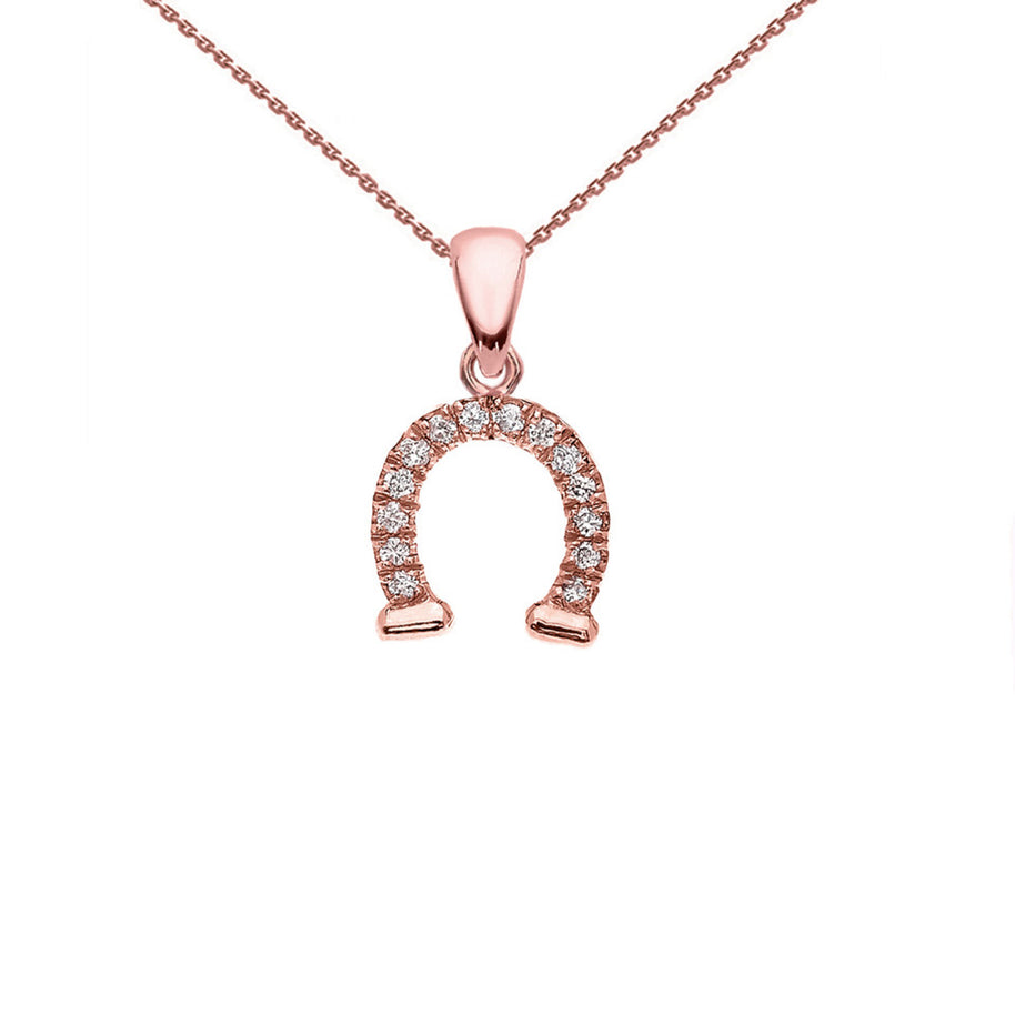 Reversible Diamond and High Polish Plain Horse Shoe Good Luck Gold Charm Dainty Pendant Necklace (Available in Yellow/Rose/White Gold)