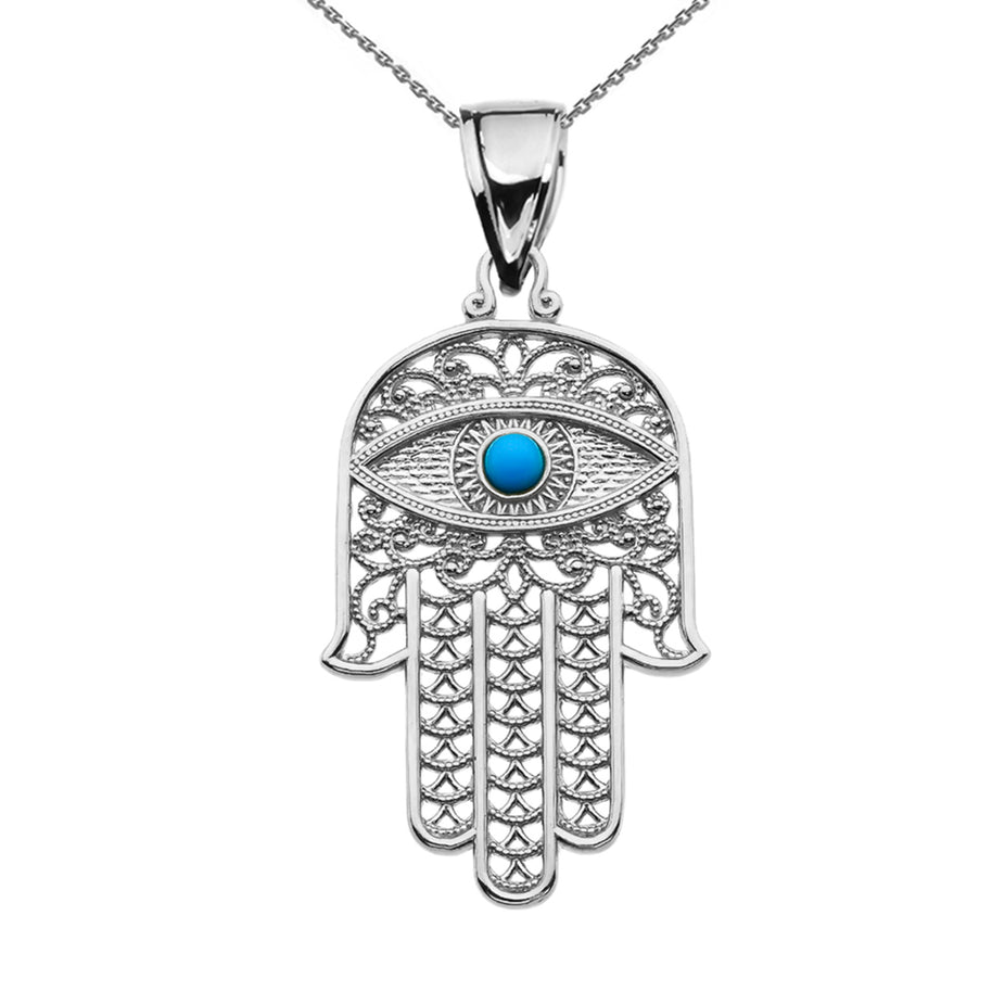.925 Sterling Silver Filigree Hamsa Hand Turquoise Gemstone Evil Eye Beaded Pendant Necklace