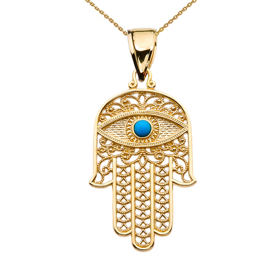 Gold Filigree Hamsa Hand Turquoise Gemstone Evil Eye Beaded Pendant Necklace (Available in Yellow/Rose/White Gold)