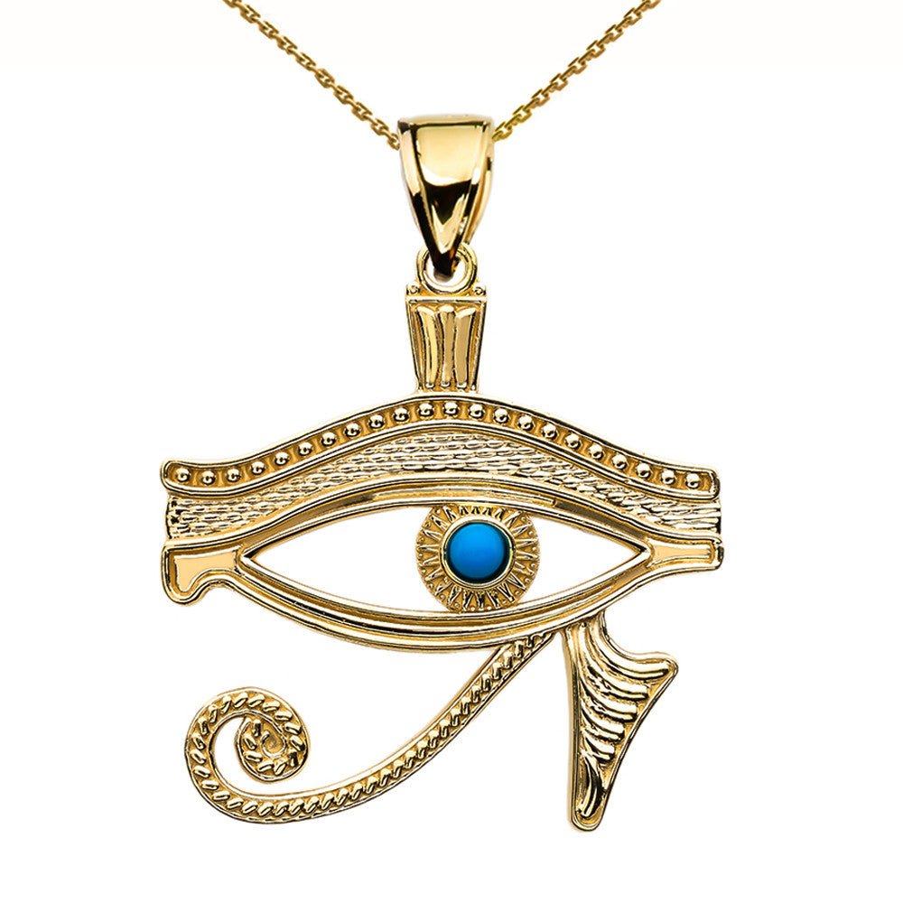 Solid Gold Egyptian Eye of Horus Wadjet Turquoise Pendant Necklace(Available In Yellow/Rose/White Gold)