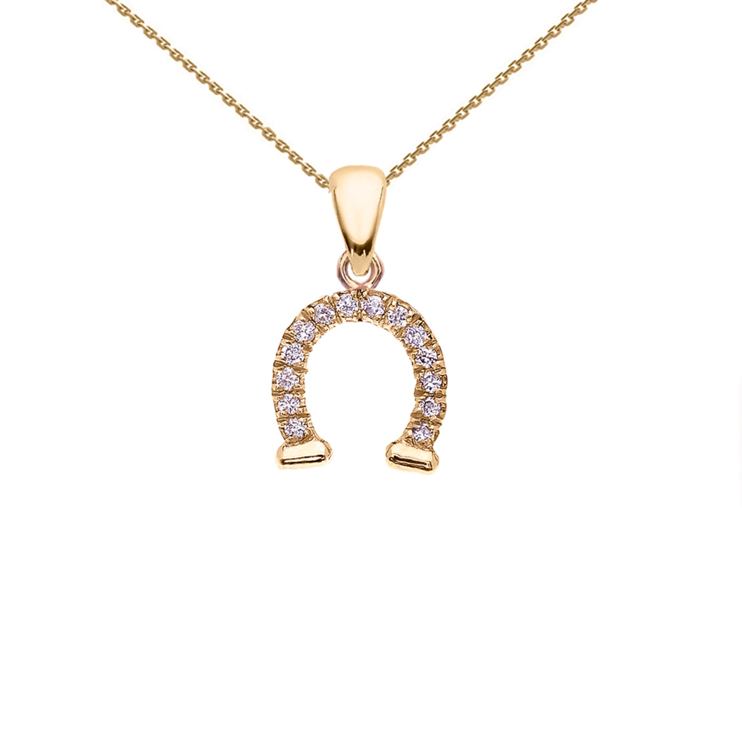 Reversible Diamond and High Polish Plain Horse Shoe Good Luck Gold Charm Dainty Pendant Necklace (Available in Yellow/Rose/White Gold)