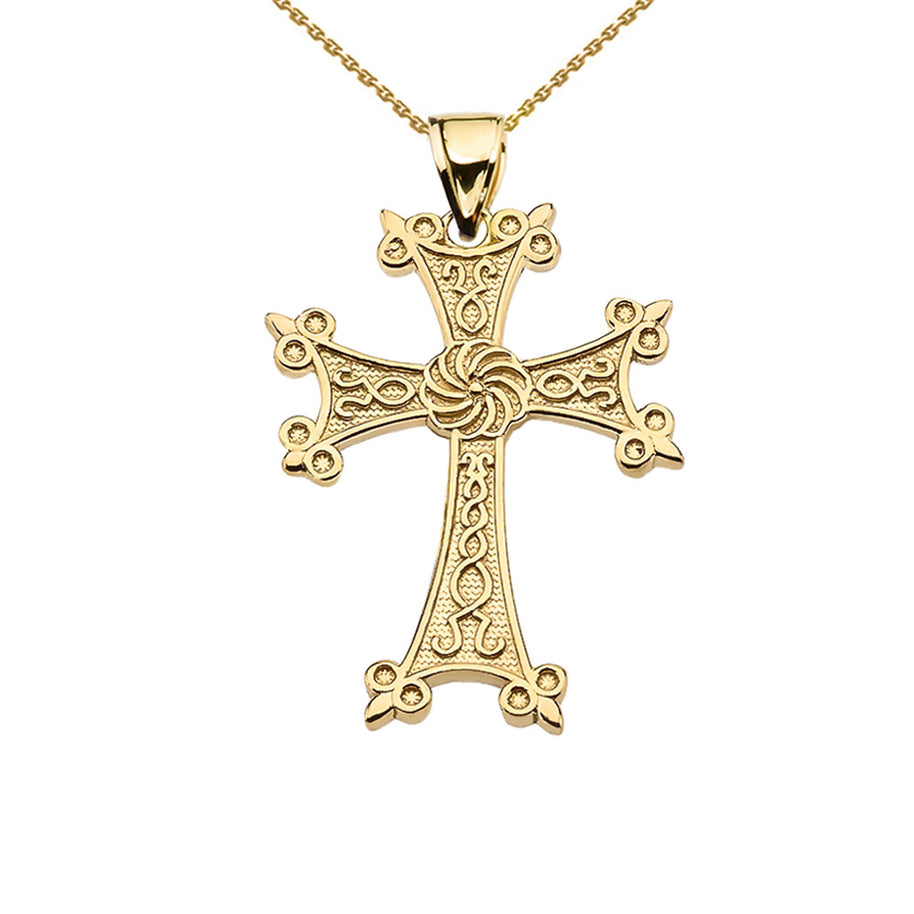 Solid Gold Eternity Armenian Cross "Khachkar" Religious Pendant Necklace(S/M/L)(Available in Yellow/Rose/White Gold)