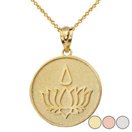 Gold Beaded Lotus Flower Blossom Teardrop Medallion Pendant Necklace (Available in Yellow/Rose/White Gold)