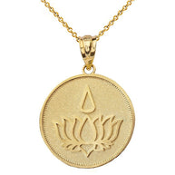 Gold Beaded Lotus Flower Blossom Teardrop Medallion Pendant Necklace (Available in Yellow/Rose/White Gold)