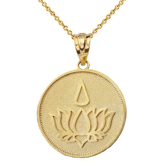 Gold Beaded Lotus Flower Blossom Teardrop Medallion Pendant Necklace (Available in Yellow/Rose/White Gold)