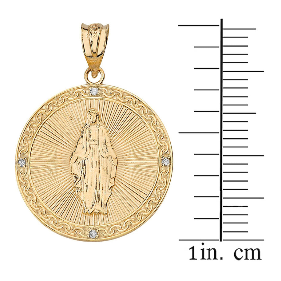 Mary Mother of Jesus Circle Medallion Diamond Pendant Necklace (Small) in Solid Gold (Yellow/Rose/White)
