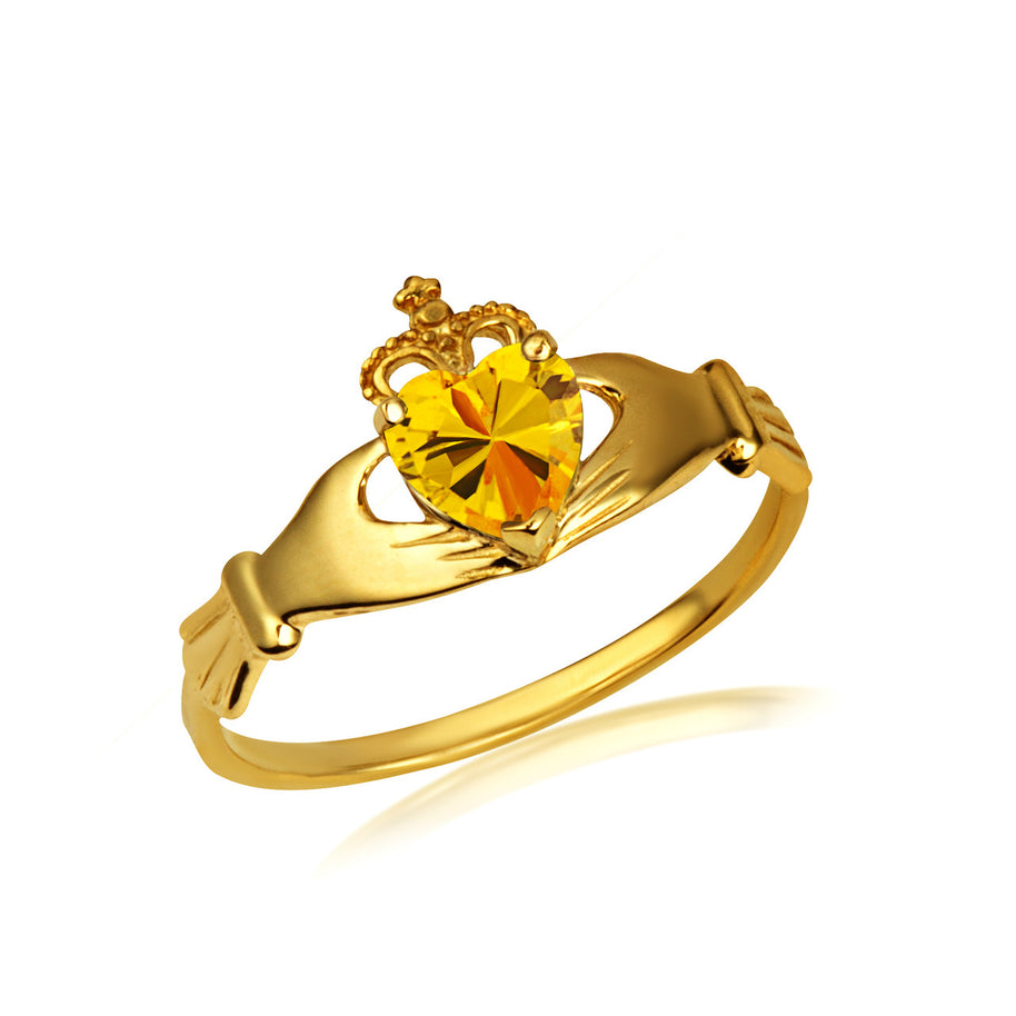 Gold Irish Celtic Claddagh Heart Birthstone Ring (Available in Yellow/White Gold)