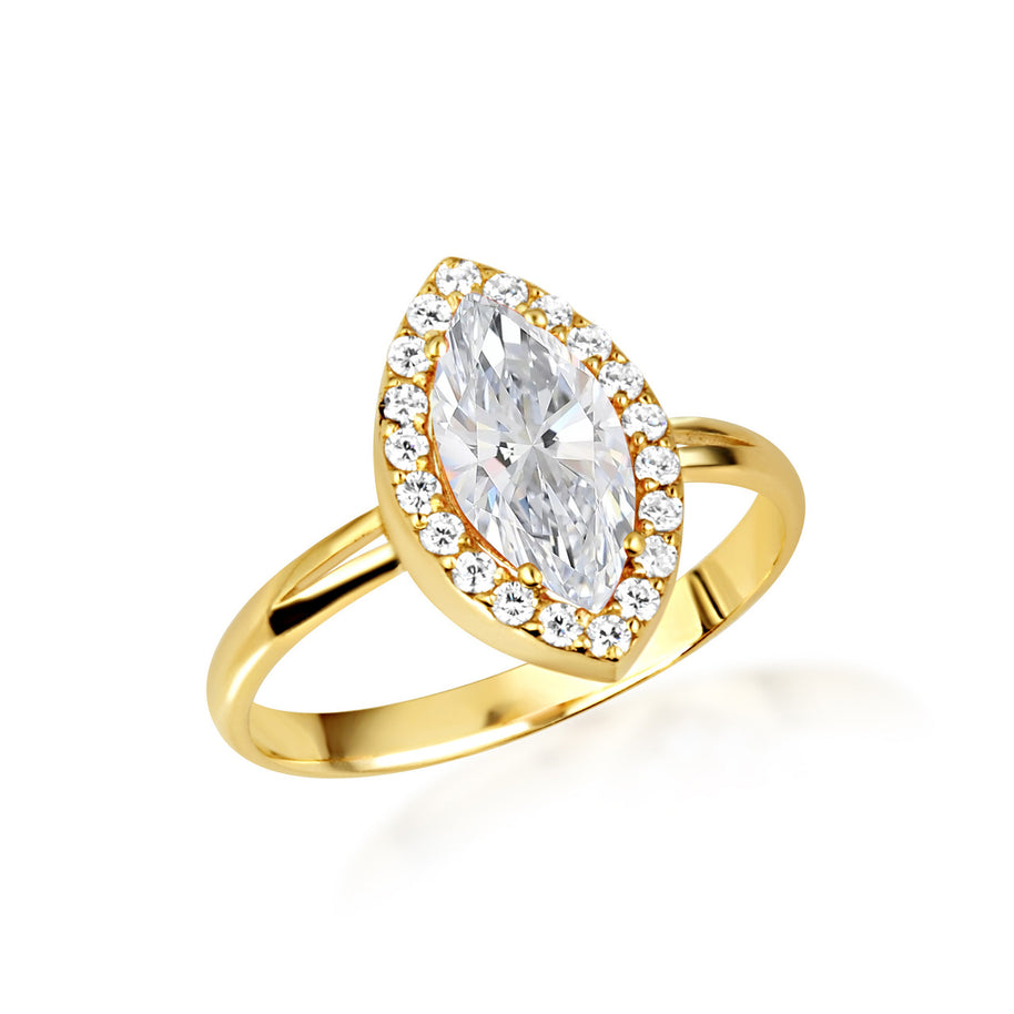 Gold Marquise Cut Birthstone Halo Ring (Available in Yellow /Rose/White Gold)
