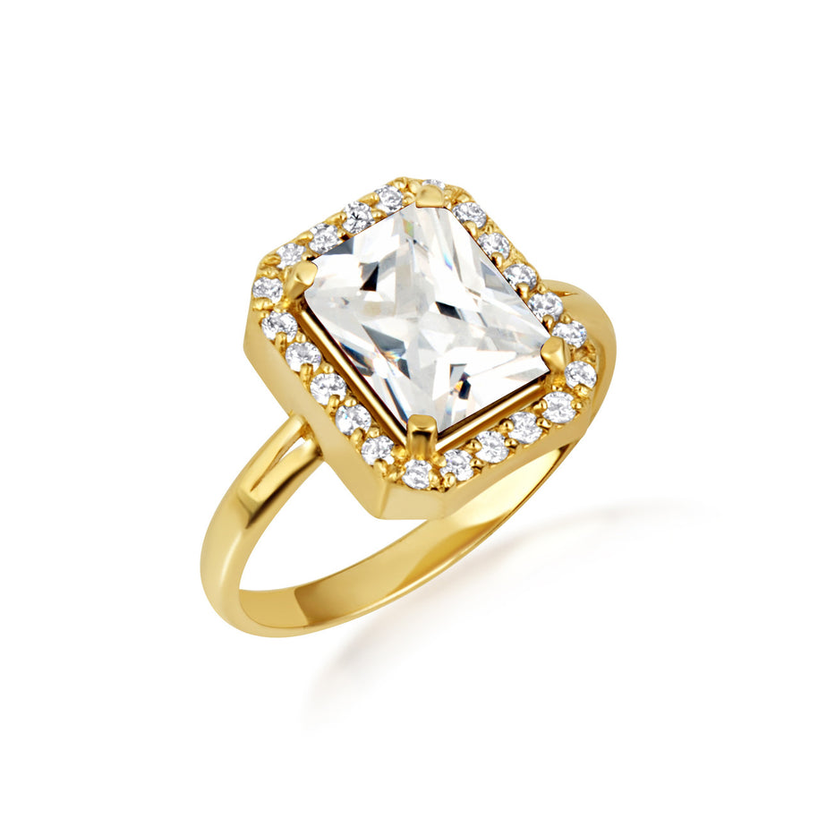 Gold Radiant Cut CZ Birthstone Halo Ring (Available in Yellow/Rose/White Gold)