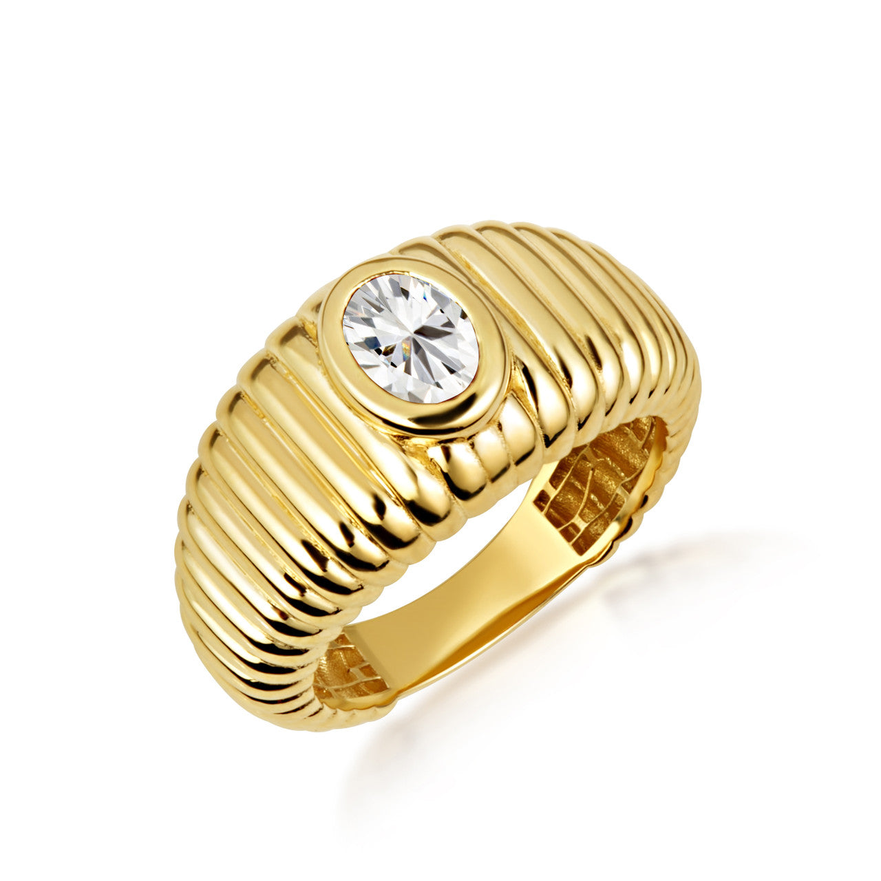 Gold Oval Birthstone Ribbed Cocktail Ring (Available in Yellow/Rose/White Gold)