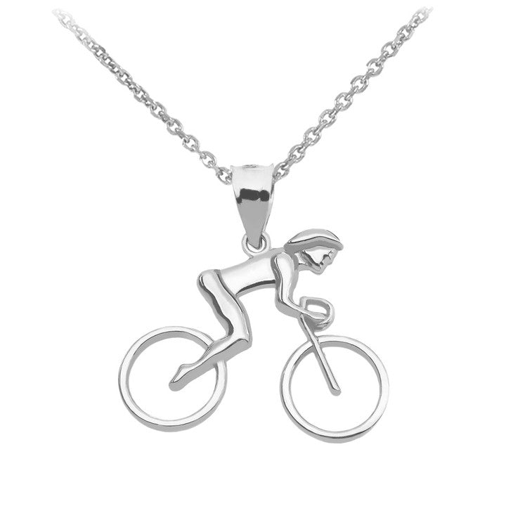 .925 Sterling Silver Woman Cyclist Pendant Necklace