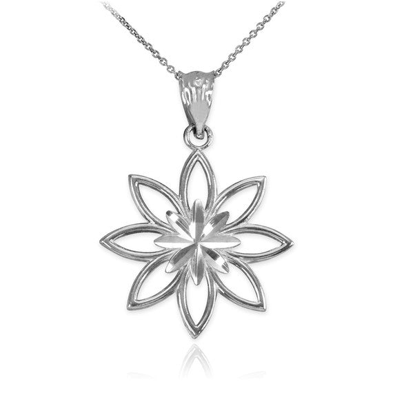.925 Sterling Silver Diamond Cut Daisy Flower Pendant Necklace