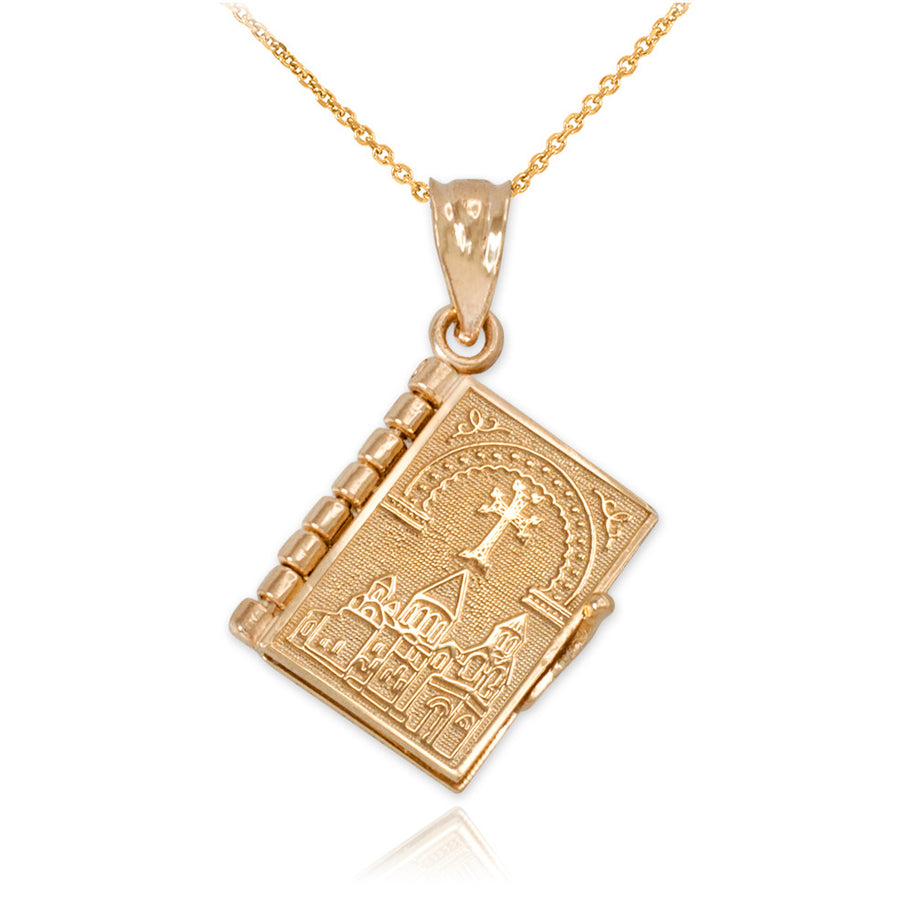 Solid Gold Armenian Christian Open Holy Bible Pendant Necklace (Available In Yellow/Rose/White Gold)