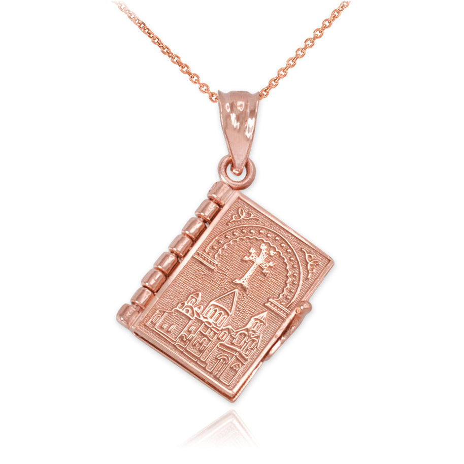 Solid Gold Armenian Christian Open Holy Bible Pendant Necklace (Available In Yellow/Rose/White Gold)