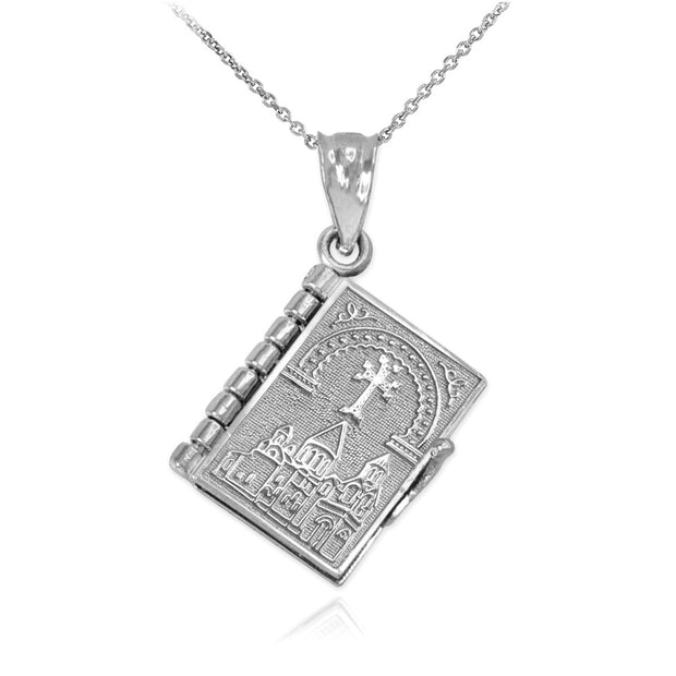 .925 Sterling Silver Armenian Christian Open Holy Bible Pendant Necklace