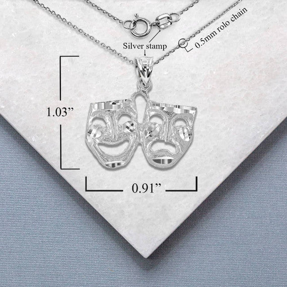 Silver Diamond Cut Comedy & Tragedy Drama & Theatre Masks Pendant Necklace
