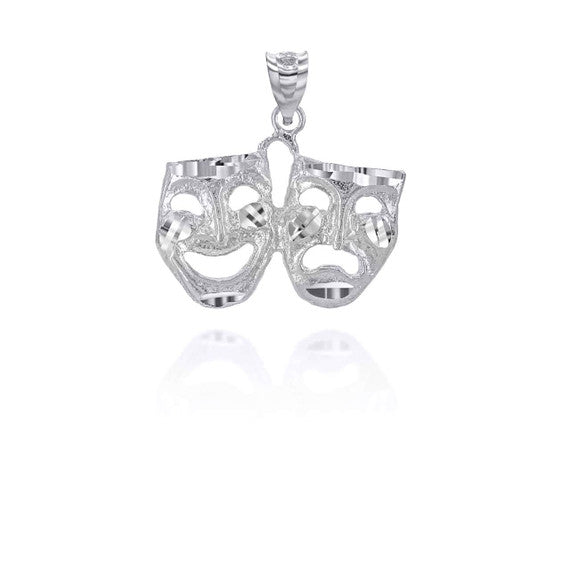 Silver Diamond Cut Comedy & Tragedy Drama & Theatre Masks Pendant Necklace