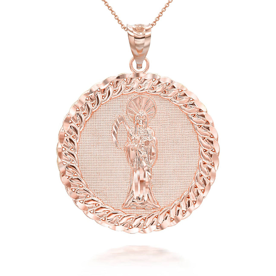 Gold Cuban Framed Santa Muerte Pendant Necklace (Available in Yellow/Rose/White Gold)