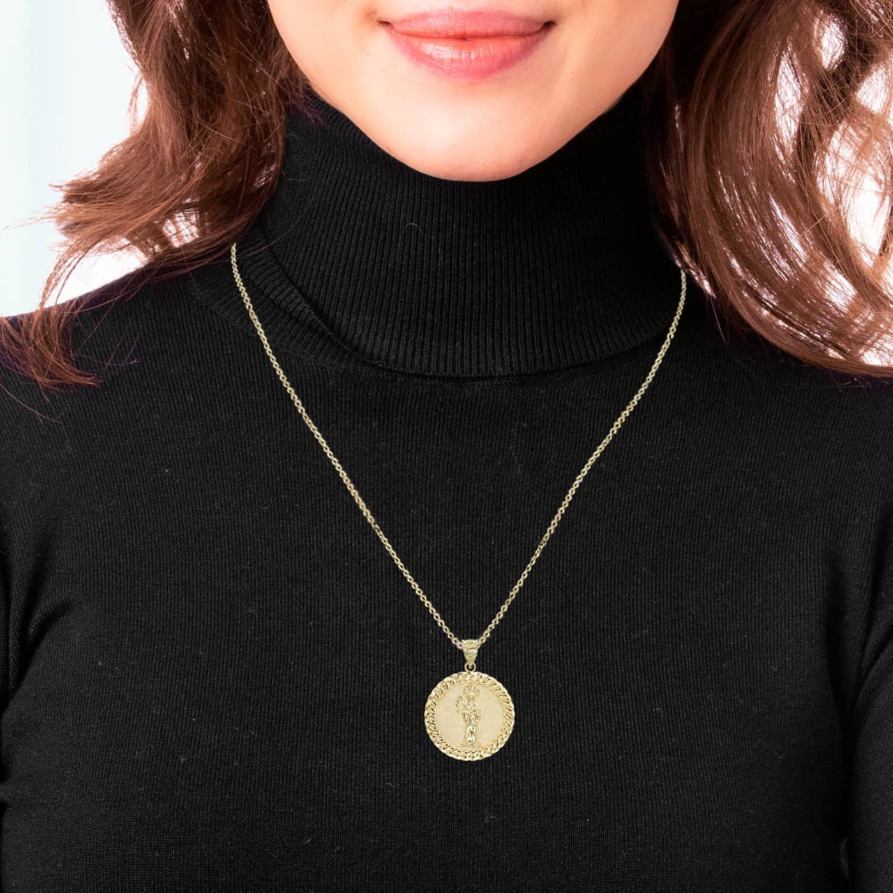 Gold Cuban Framed Santa Muerte Pendant Necklace (Available in Yellow/Rose/White Gold)