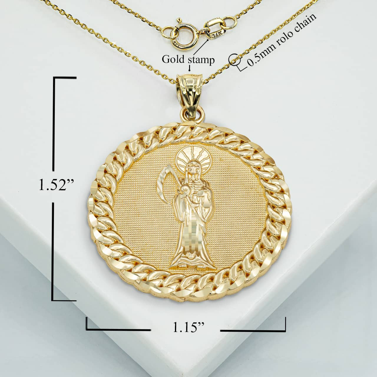 Gold Cuban Framed Santa Muerte Pendant Necklace (Available in Yellow/Rose/White Gold)