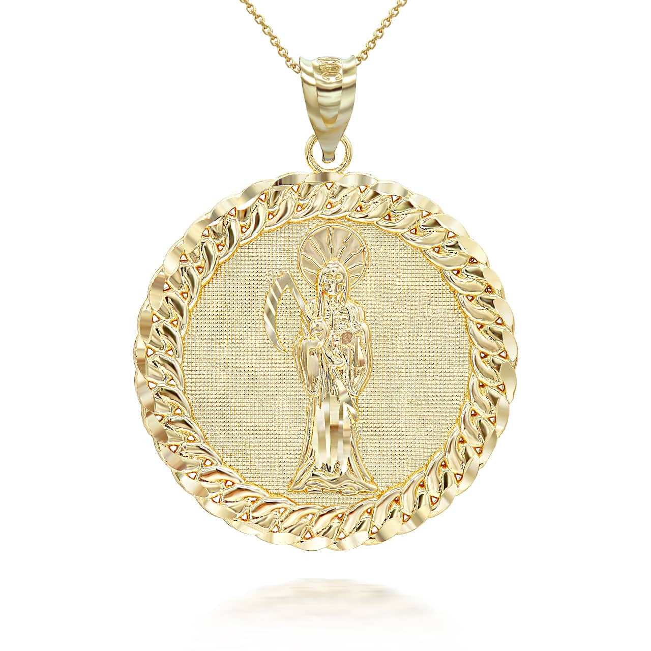 Gold Cuban Framed Santa Muerte Pendant Necklace (Available in Yellow/Rose/White Gold)