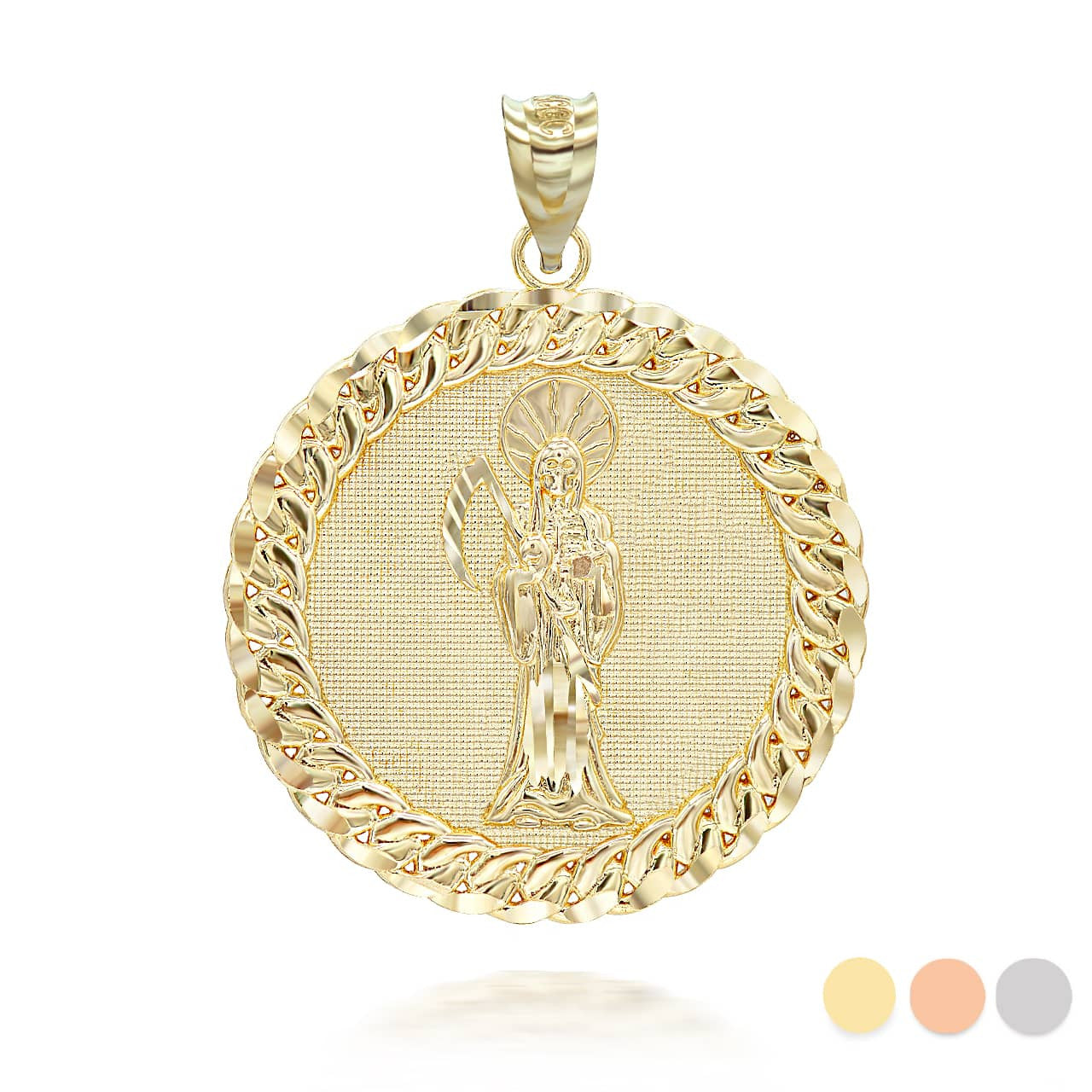 Gold Cuban Framed Santa Muerte Pendant Necklace (Available in Yellow/Rose/White Gold)