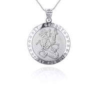 .925 Sterling Silver Religious Patron Saint George Dragon Medallion Pendant Necklace