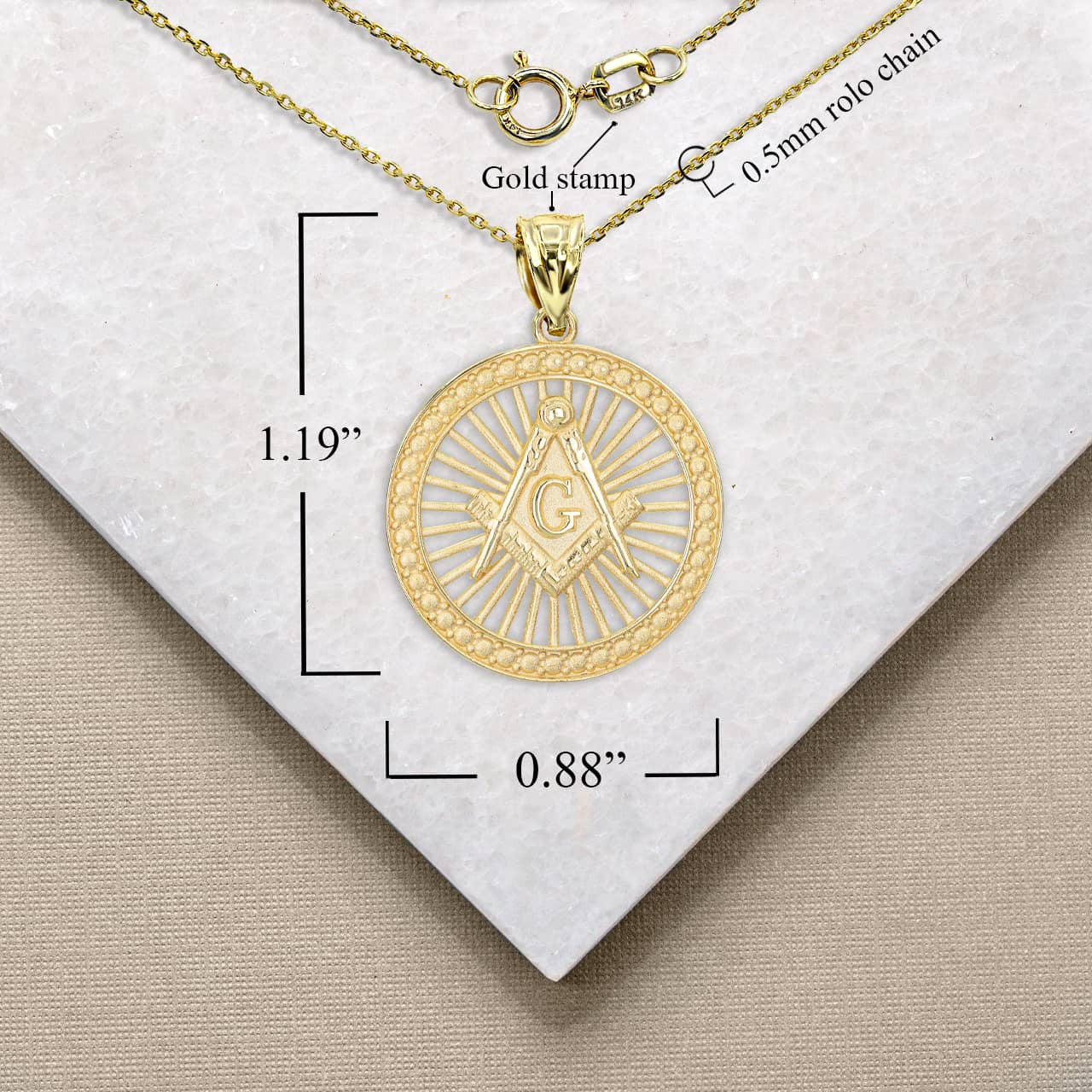 Gold Freemason Square and Compasses Illuminated Pendant Necklace (Available in Yellow/Rose/White Gold)