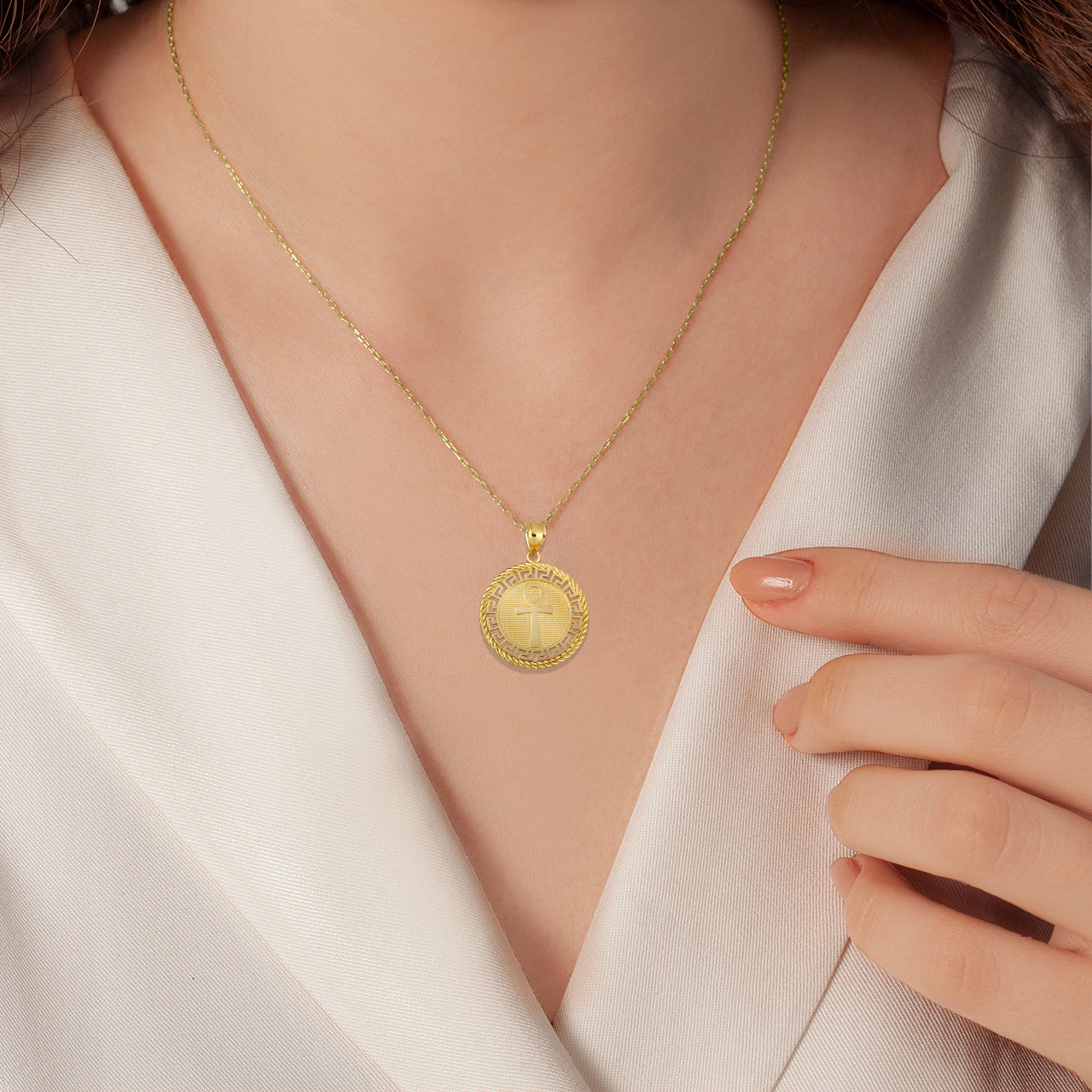 Gold Beaded Egyptian Ankh Amulet Greek Key Rope Pendant Necklace (Available in Yellow/Rose/White)