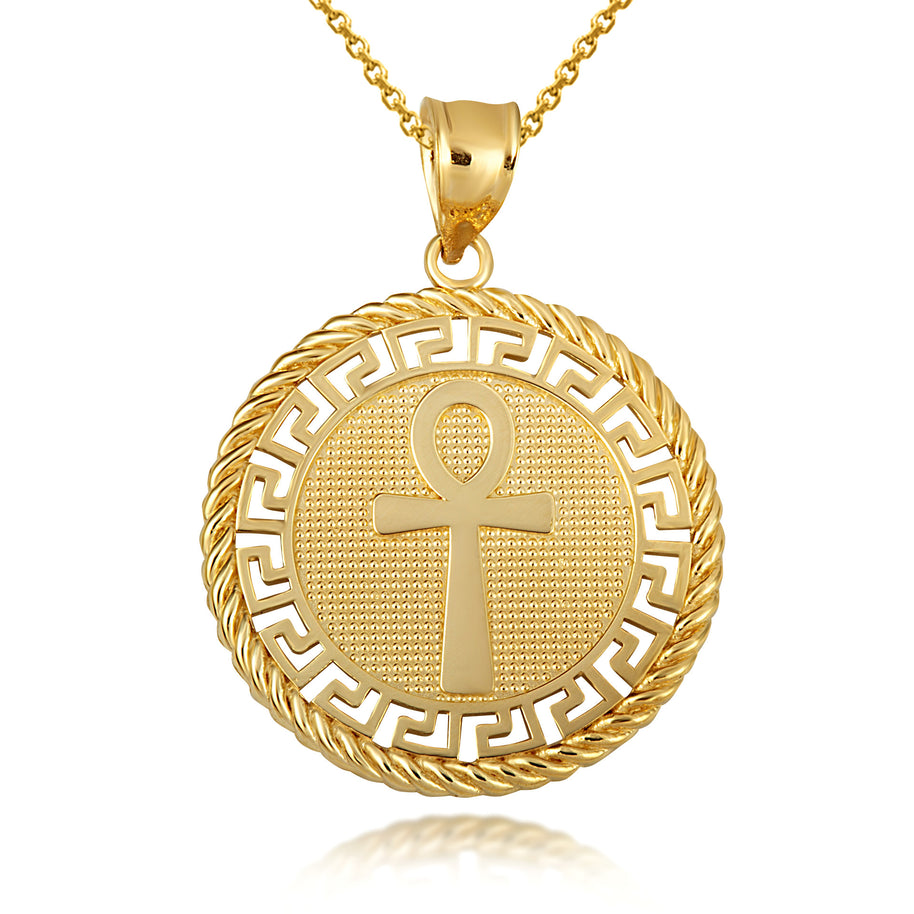 Gold Beaded Egyptian Ankh Amulet Greek Key Rope Pendant Necklace (Available in Yellow/Rose/White)