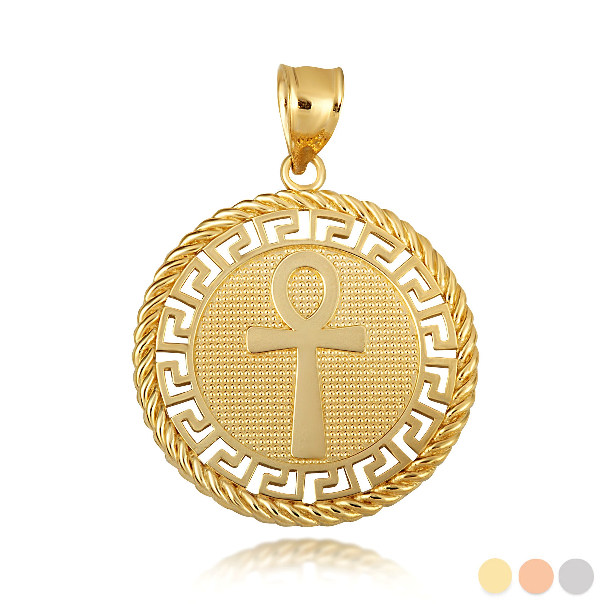 Gold Beaded Egyptian Ankh Amulet Greek Key Rope Pendant Necklace (Available in Yellow/Rose/White)