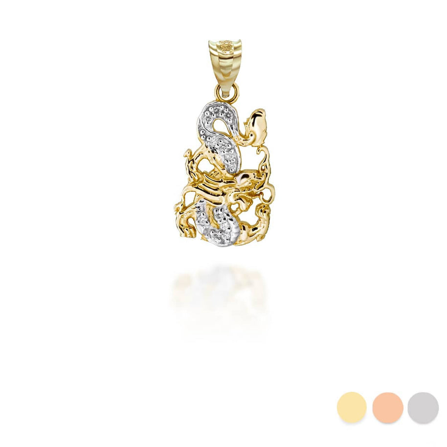 Two Tone Gold Chinese Lunar New Year of the Dragon with Diamonds Pendant Necklace (Available in Yellow/Rose/White Gold)