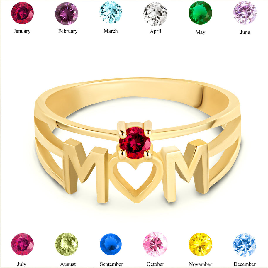 Gold Personalized Mom Heart 1 Birthstone Mother's Ring (Available in Yellow/Rose/White Gold)