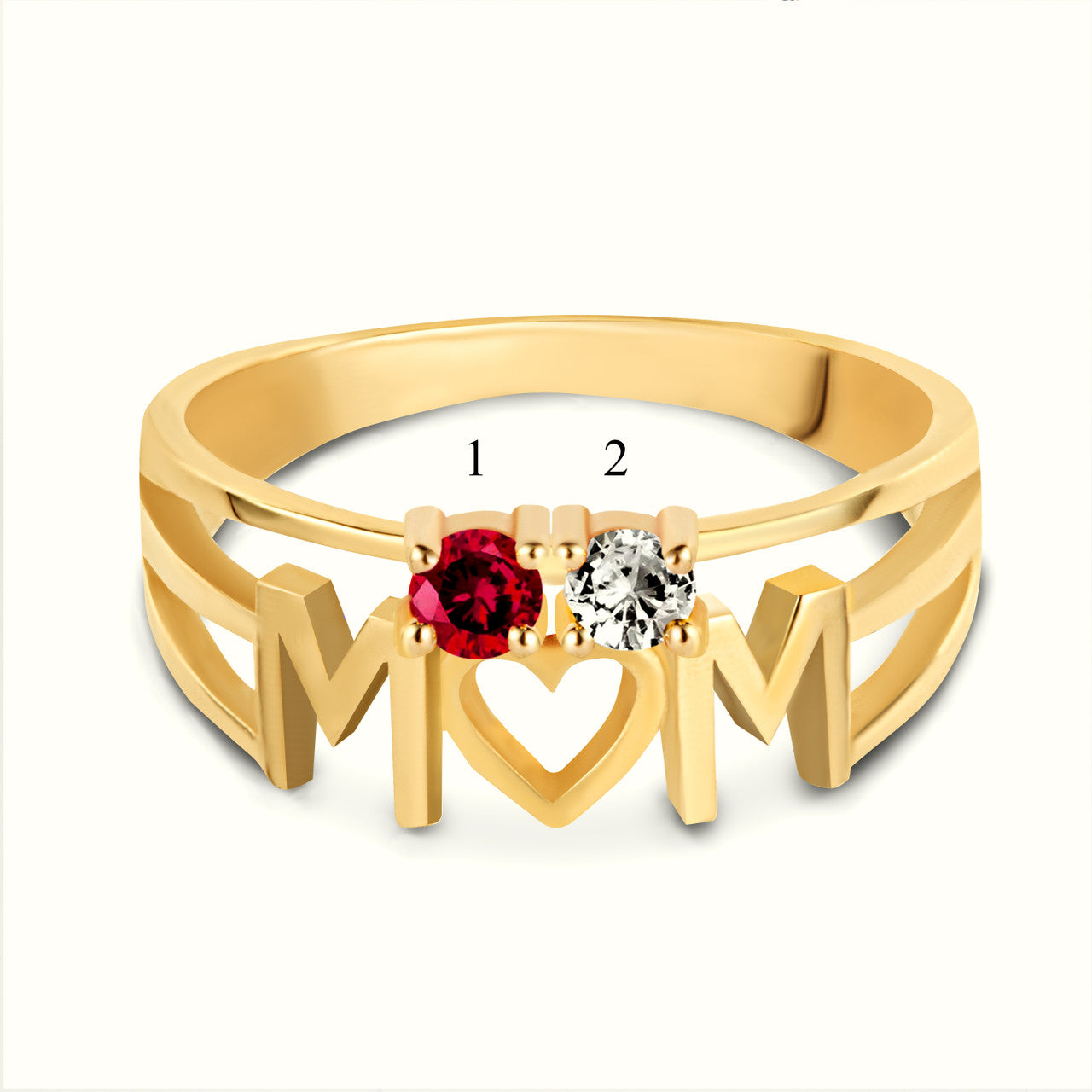 Gold Personalized Mom Heart 2 Birthstones Mother's Ring (Available in Yellow/Rose/White Gold)