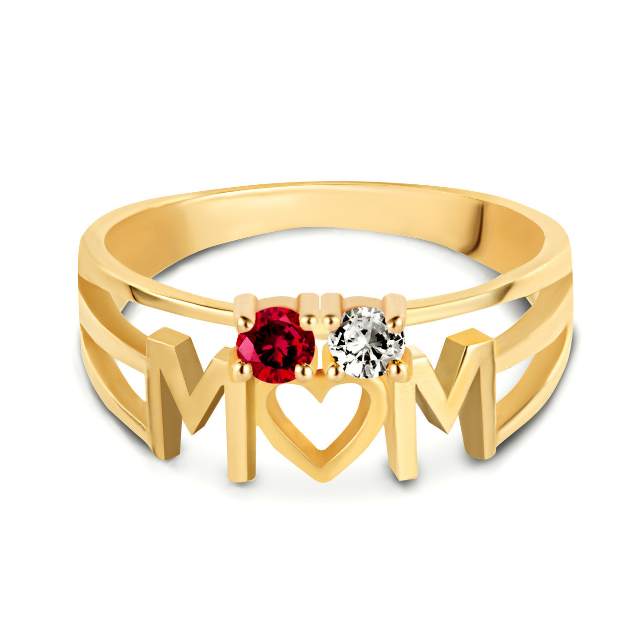 Gold Personalized Mom Heart 2 Birthstones Mother's Ring (Available in Yellow/Rose/White Gold)