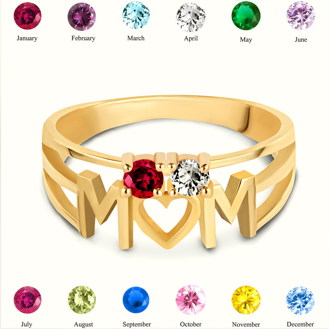 Gold Personalized Mom Heart 2 Birthstones Mother's Ring (Available in Yellow/Rose/White Gold)
