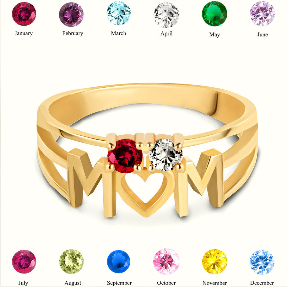 Gold Personalized Mom Heart 2 Birthstones Mother's Ring (Available in Yellow/Rose/White Gold)