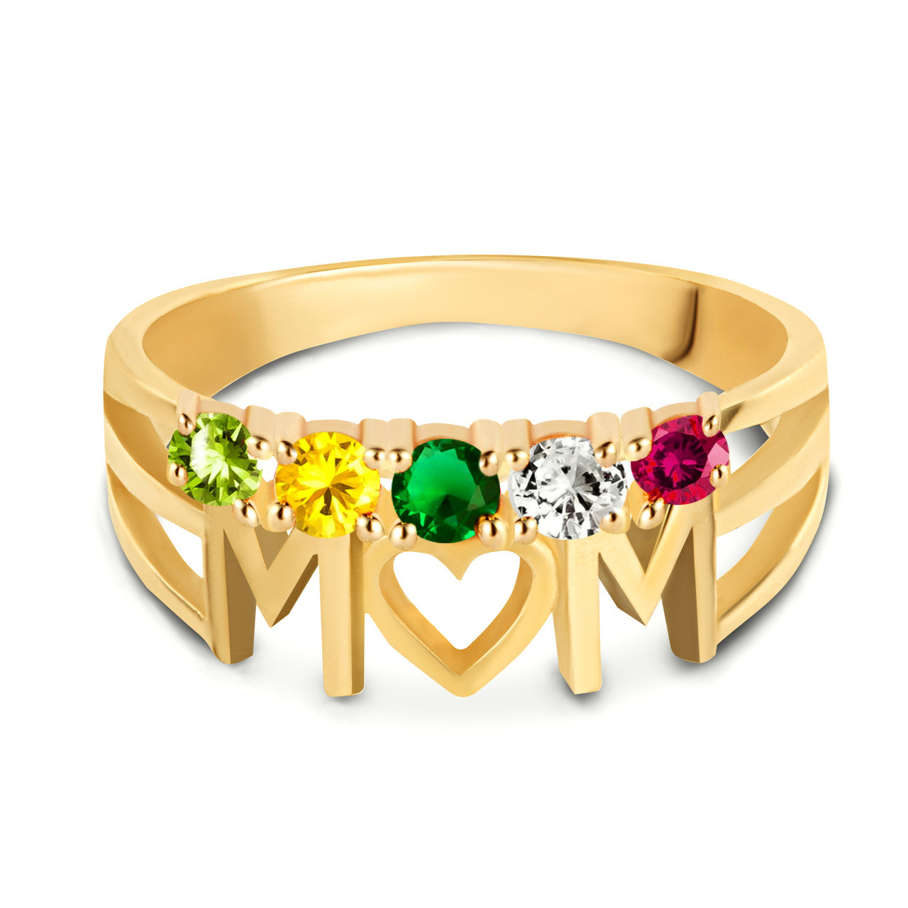 Gold Personalized Mom Heart 5 Birthstones Mother's Ring (Available in Yellow/Rose/White Gold)