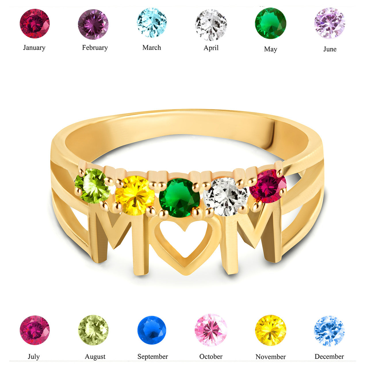 Gold Personalized Mom Heart 5 Birthstones Mother's Ring (Available in Yellow/Rose/White Gold)