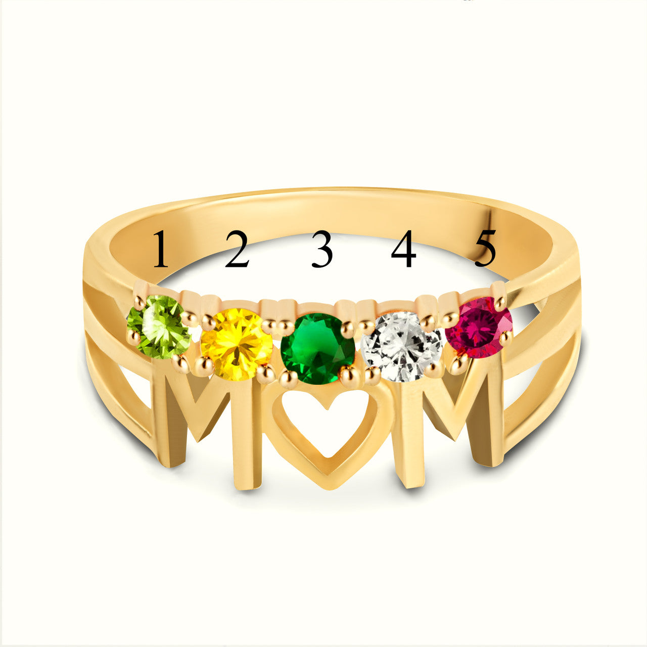 Gold Personalized Mom Heart 5 Birthstones Mother's Ring (Available in Yellow/Rose/White Gold)