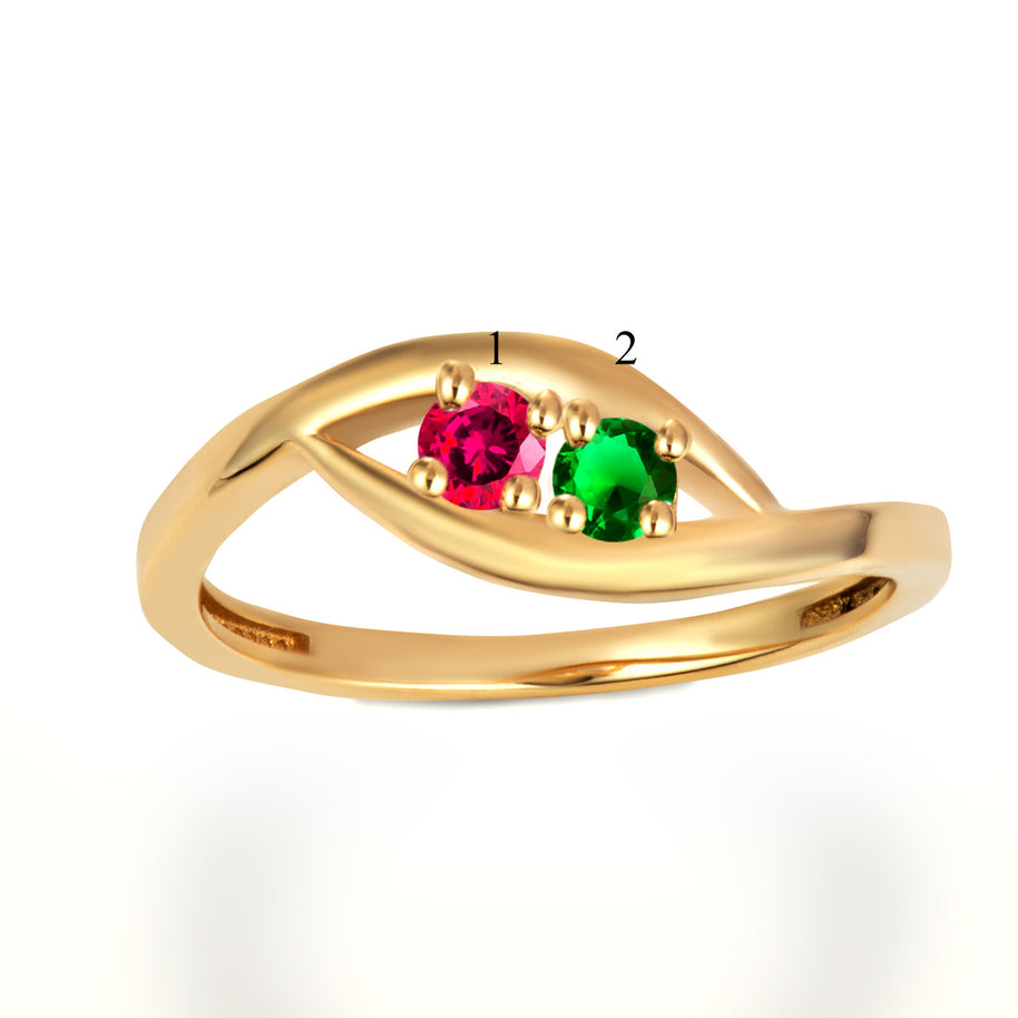 Gold Personalized Lab Created Two Birthstone Wavy Band Ring (Available in Yellow/Rose/White Gold)