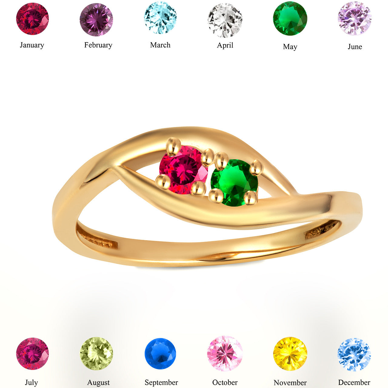 Gold Personalized Lab Created Two Birthstone Wavy Band Ring (Available in Yellow/Rose/White Gold)