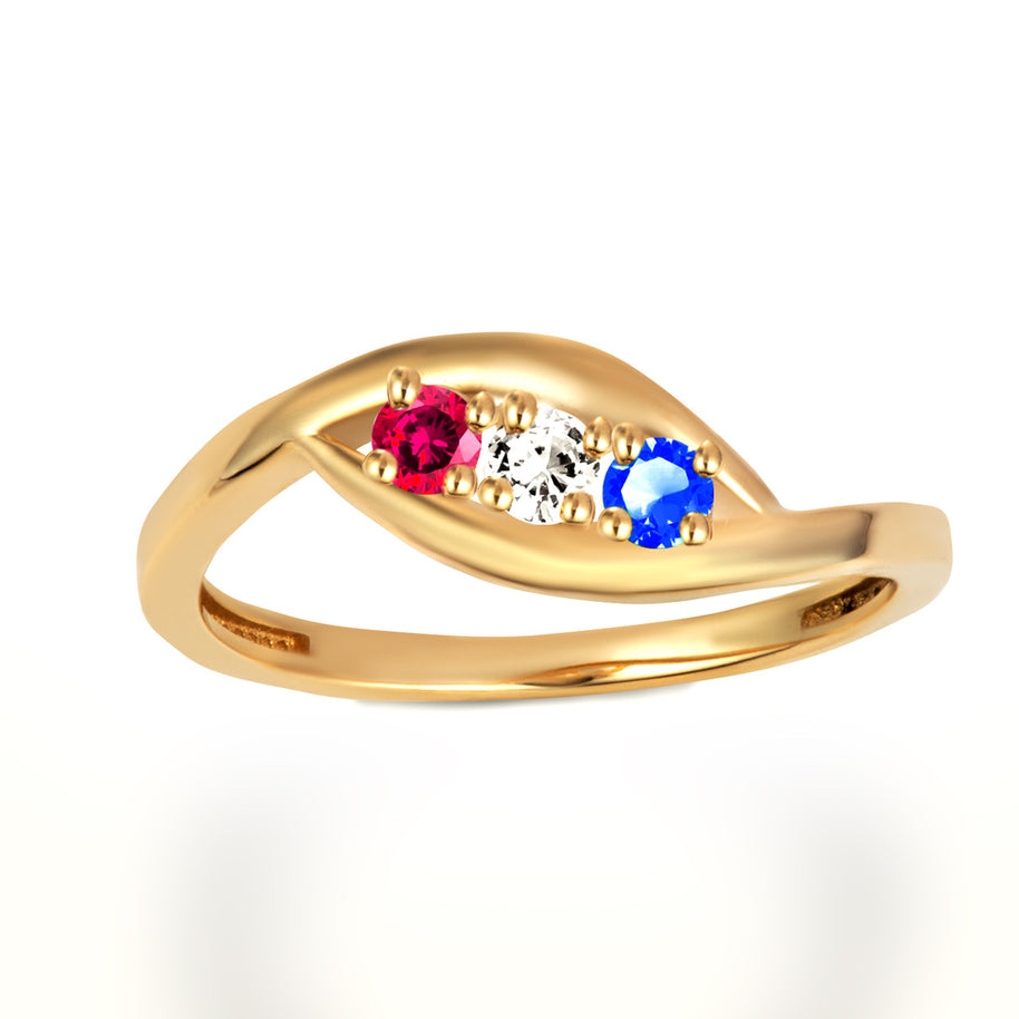 Gold Personalized Lab Created Three Birthstone Wavy Band Ring (Available in Yellow/Rose/White Gold)