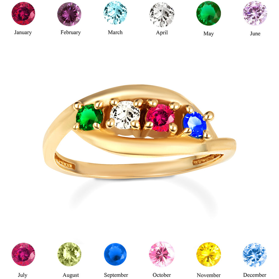 Gold Personalized Lab Created Four Birthstone Wavy Band Ring (Available in Yellow/Rose/White Gold)