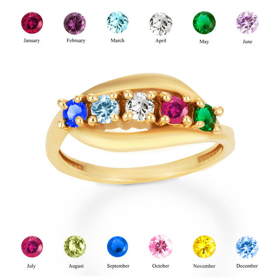 Gold Personalized Lab Created Five Birthstone Wavy Band Ring (Available in Yellow/Rose/White Gold)