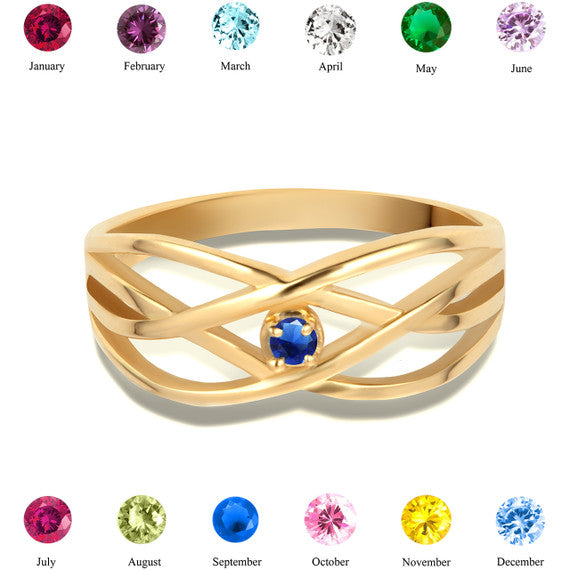 Gold Personalized 1 Birthstone Cross Over Ring (Available in Yellow/Rose/White Gold)