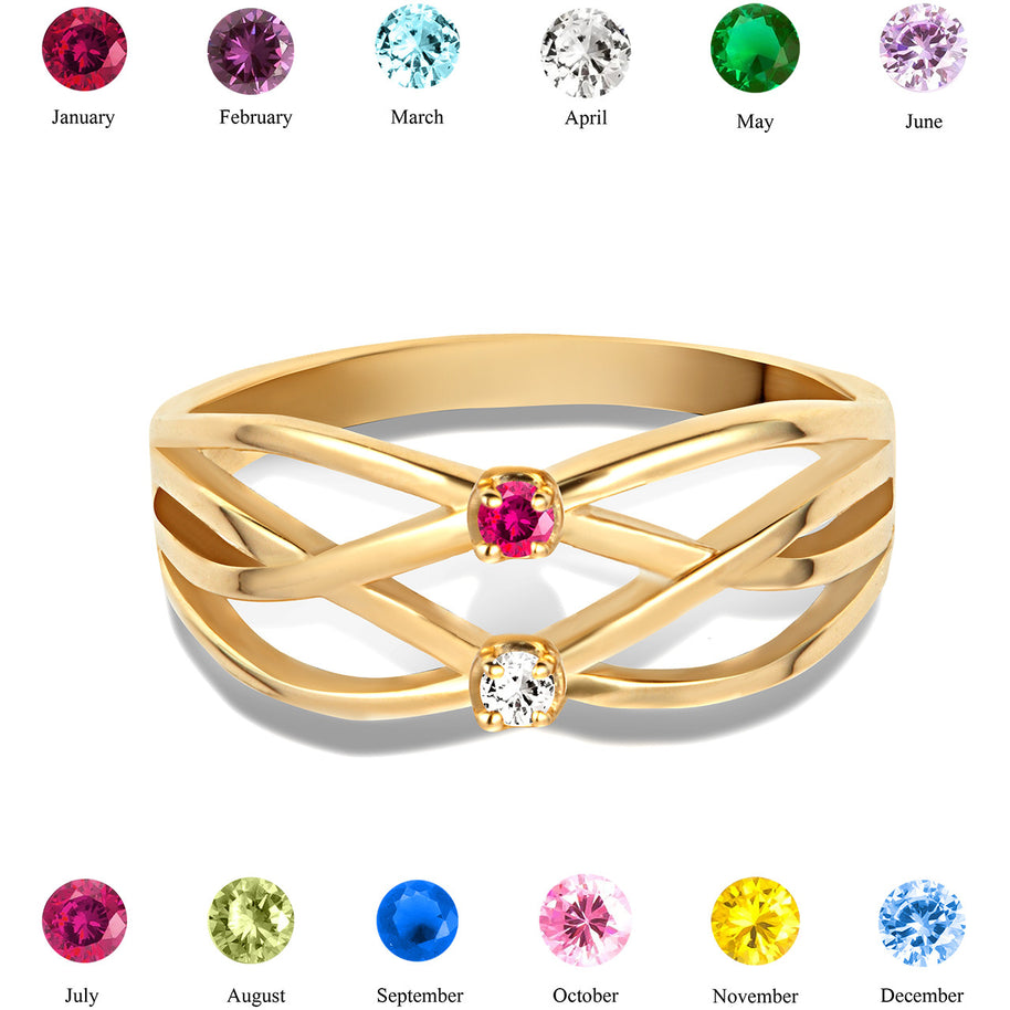 Gold Personalized 2 Birthstone Cross Over Ring (Available in Yellow/Rose/White Gold)