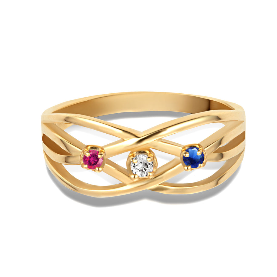 Gold Personalized 3 Birthstone Cross Over Ring (Available in Yellow/Rose/White Gold)
