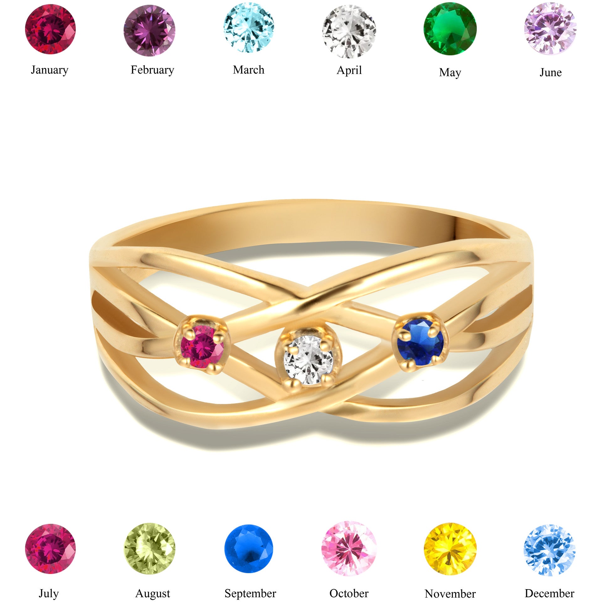 Gold Personalized 3 Birthstone Cross Over Ring (Available in Yellow/Rose/White Gold)