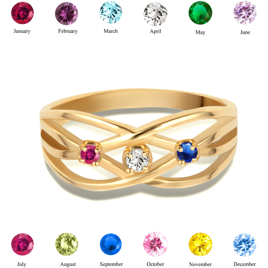 Gold Personalized 3 Birthstone Cross Over Ring (Available in Yellow/Rose/White Gold)
